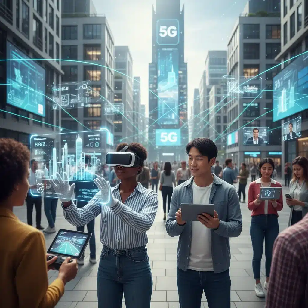 Diverse users experiencing 5G applications like AR/VR, HD streaming, and smart home control, showcasing enhanced data consumption.