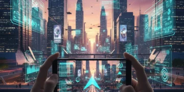 Futuristic cityscape with mobile AR overlays powered by 5G mmWave technology.