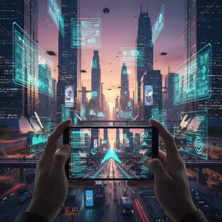 Futuristic cityscape with mobile AR overlays powered by 5G mmWave technology.
