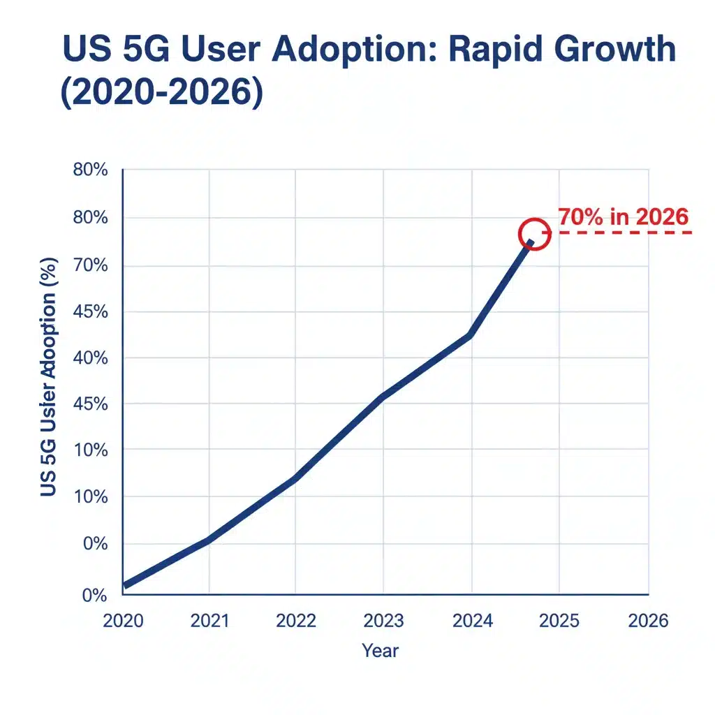 Line graph illustrating the rapid increase in 5G user adoption in the US, reaching 70% by 2026.