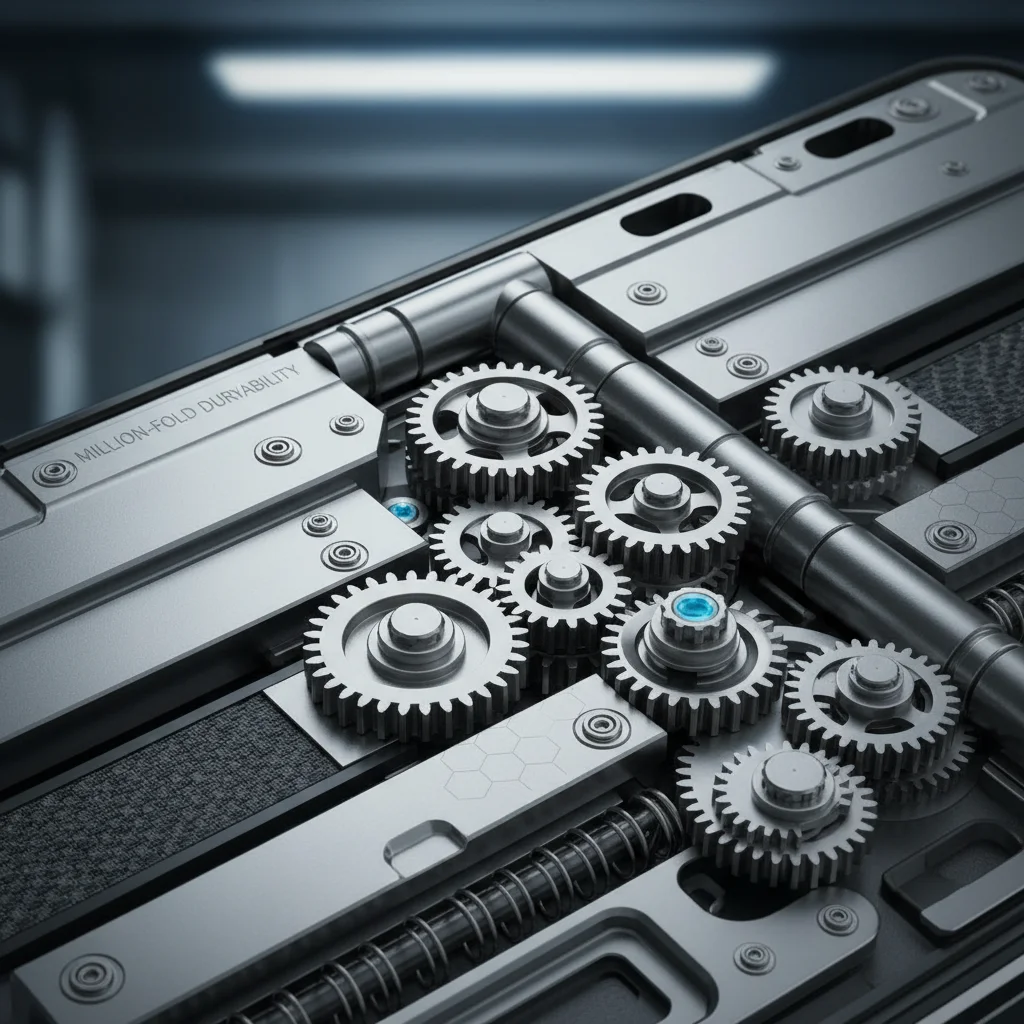 Close-up of advanced foldable smartphone hinge mechanism with reinforced gears.