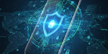 Futuristic smartphone with shield icon, symbolizing advanced mobile security in 2026.