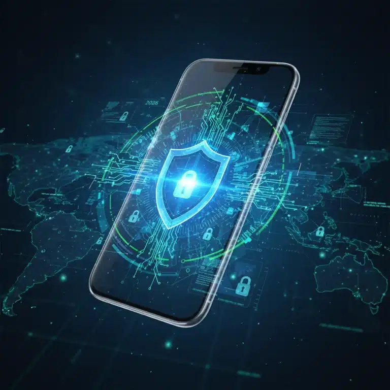 Futuristic smartphone with shield icon, symbolizing advanced mobile security in 2026.