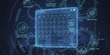 Futuristic digital calendar interface with AI and automation features for US business efficiency.