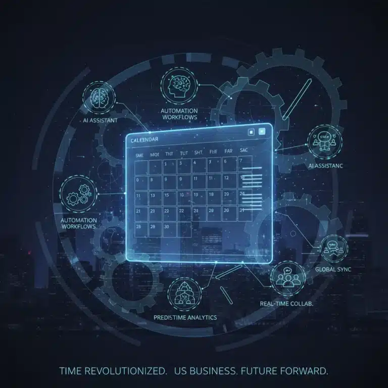 Futuristic digital calendar interface with AI and automation features for US business efficiency.