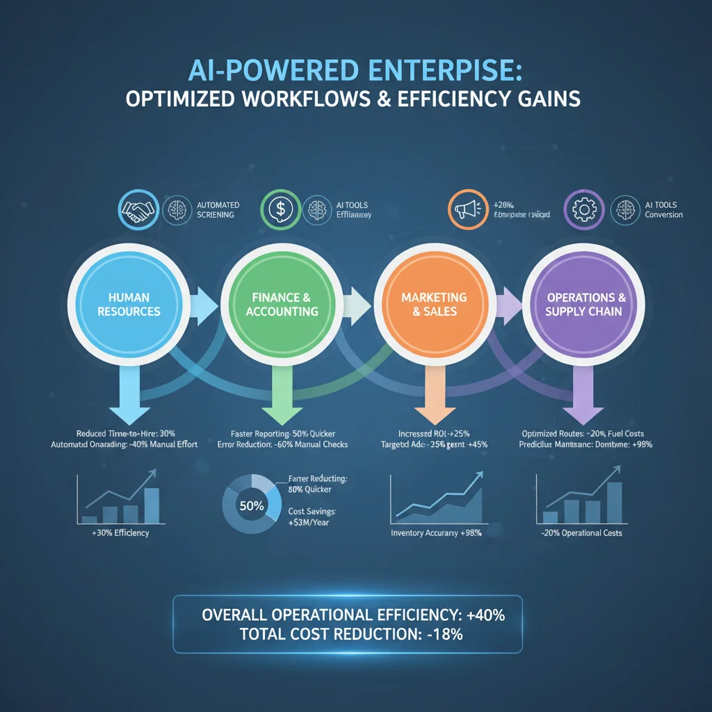 Infographic detailing AI integration across corporate departments for enhanced efficiency and cost savings.
