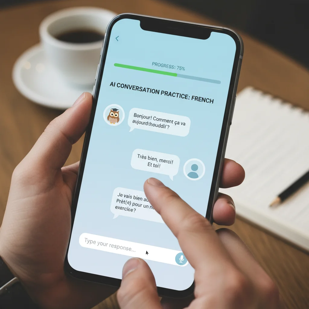 AI-powered conversational practice on a language learning app screen