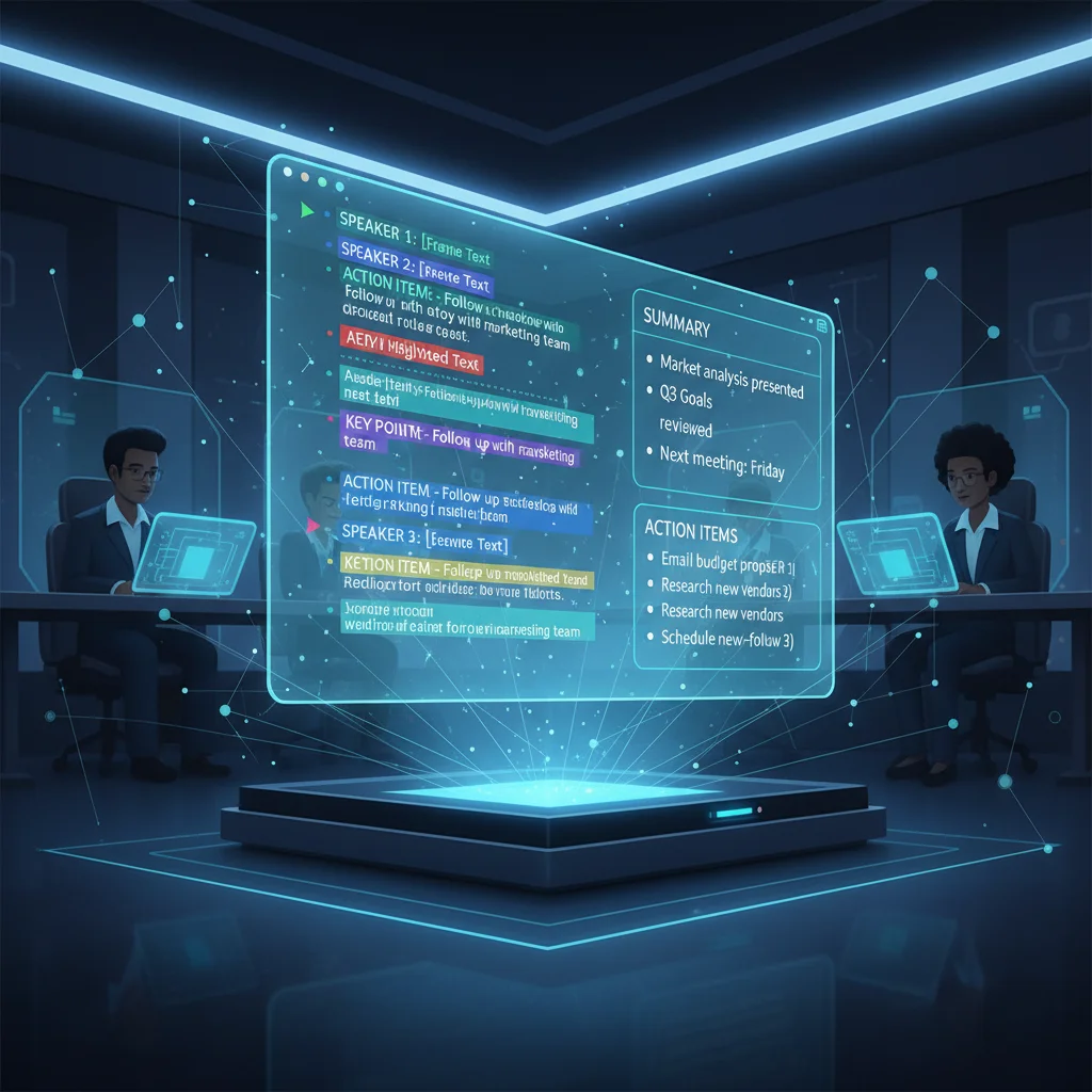 AI assistant transcribing and summarizing virtual meeting discussions in real-time for enhanced productivity.