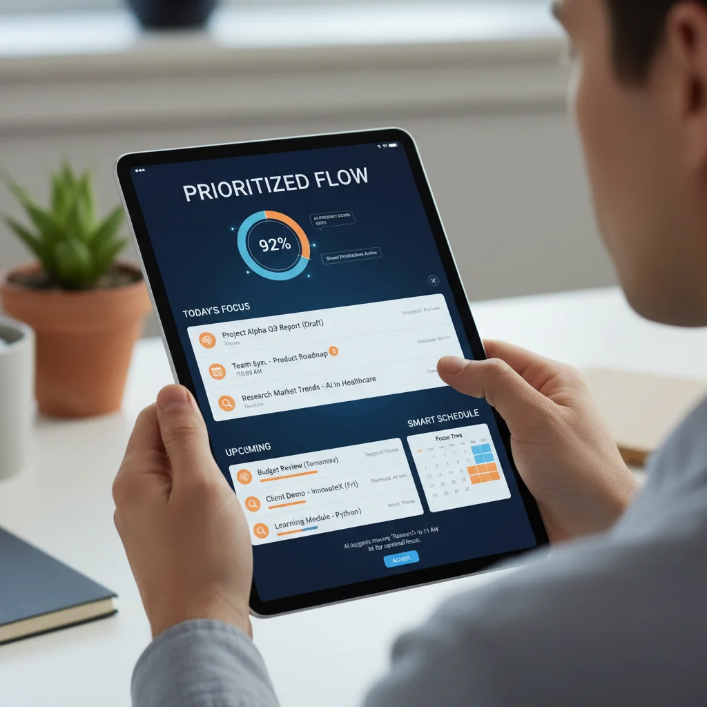 User interacting with AI-powered task management app on tablet