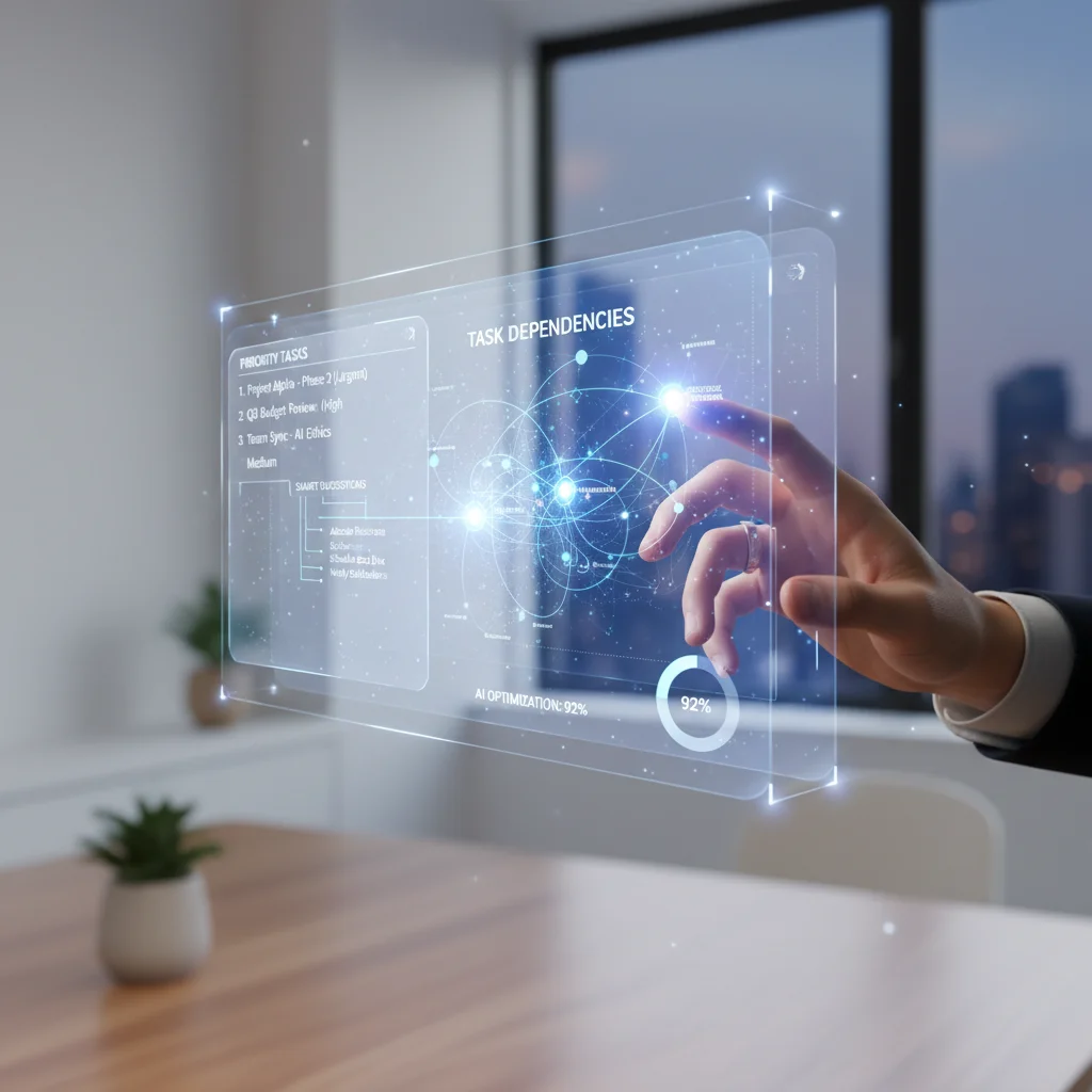 Hand interacting with AI-powered task prioritization interface