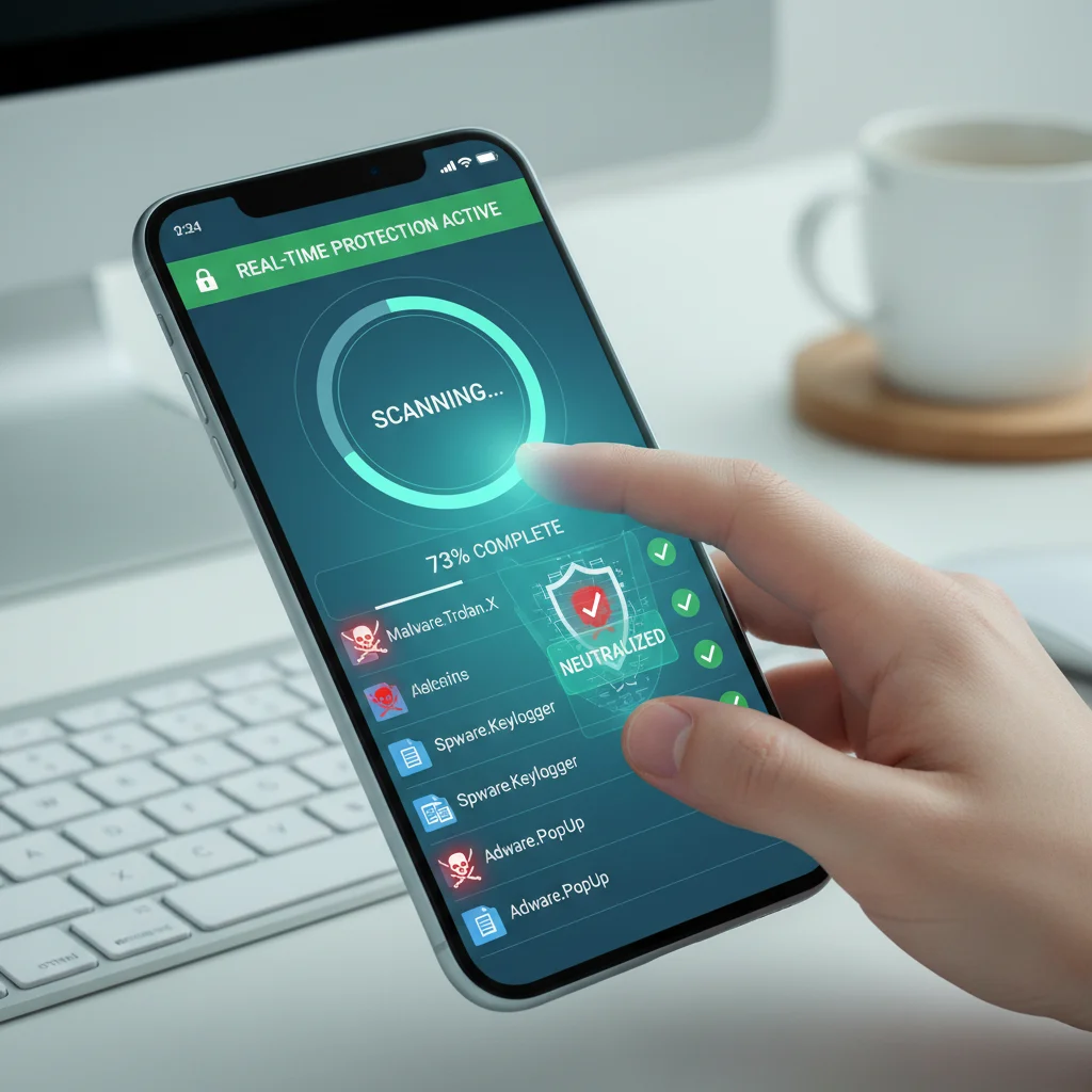 Smartphone displaying an antivirus app performing a real-time scan, neutralizing threats.