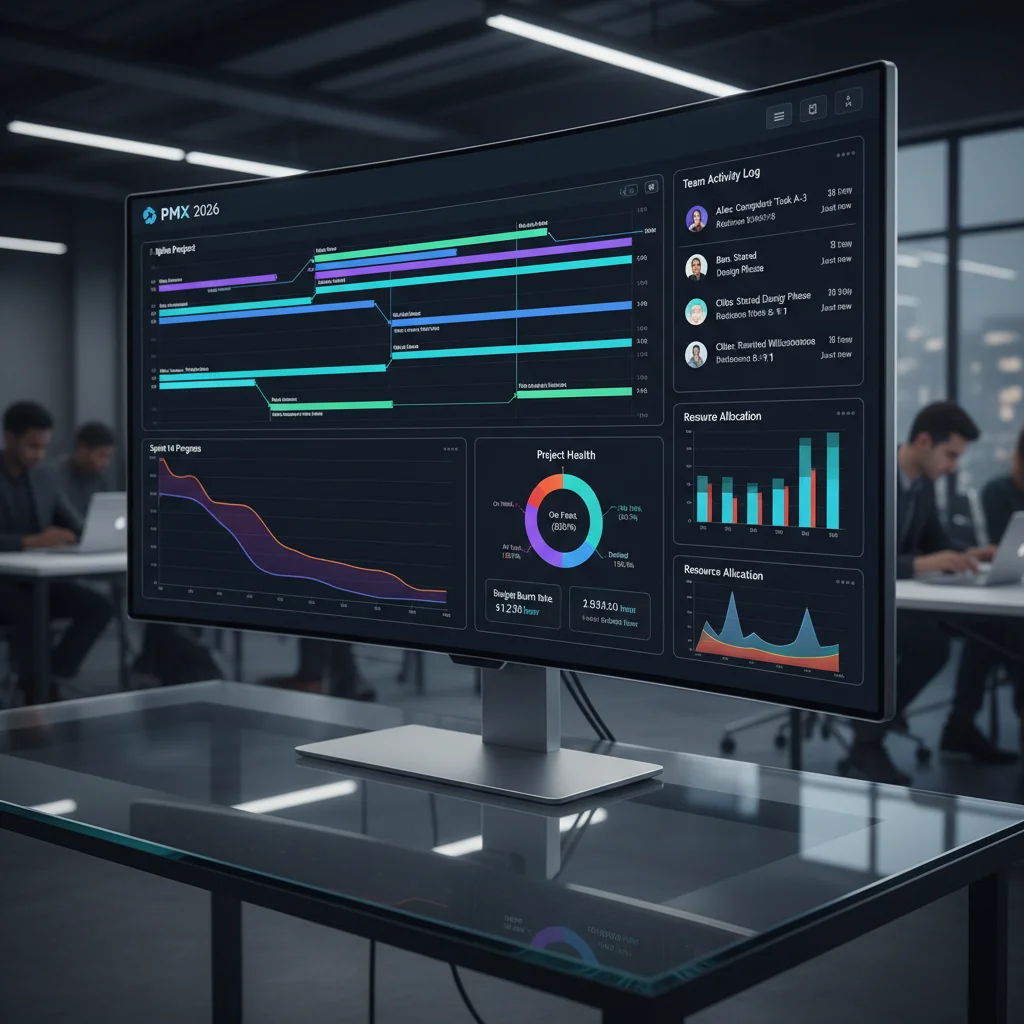 Project Management App 2026 dashboard with real-time progress, Gantt charts, and team activity.