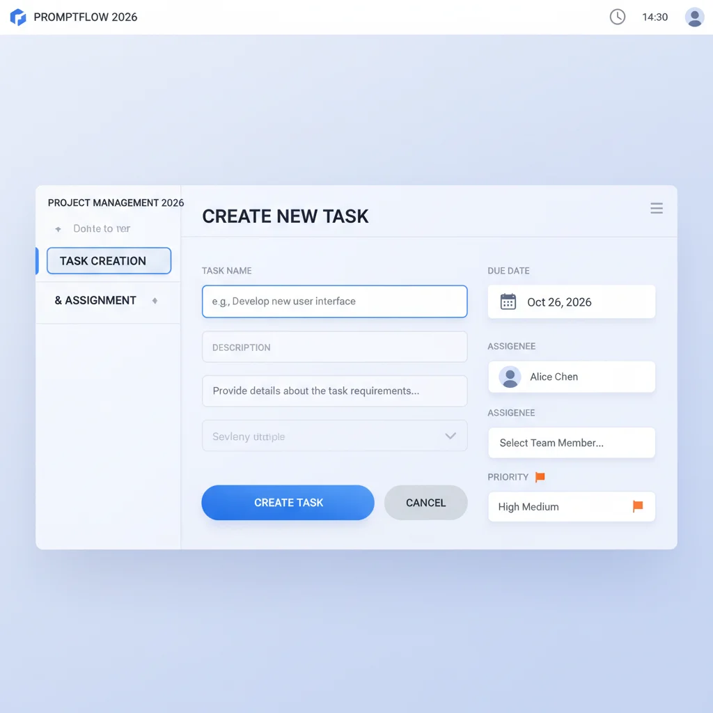 Screenshot of Project Management App 2026 task creation and assignment interface.