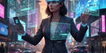 Futuristic person wearing AR glasses with mobile integration in urban setting 2026