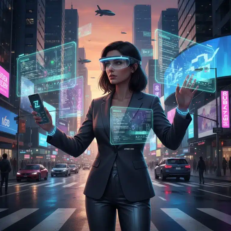 Futuristic person wearing AR glasses with mobile integration in urban setting 2026