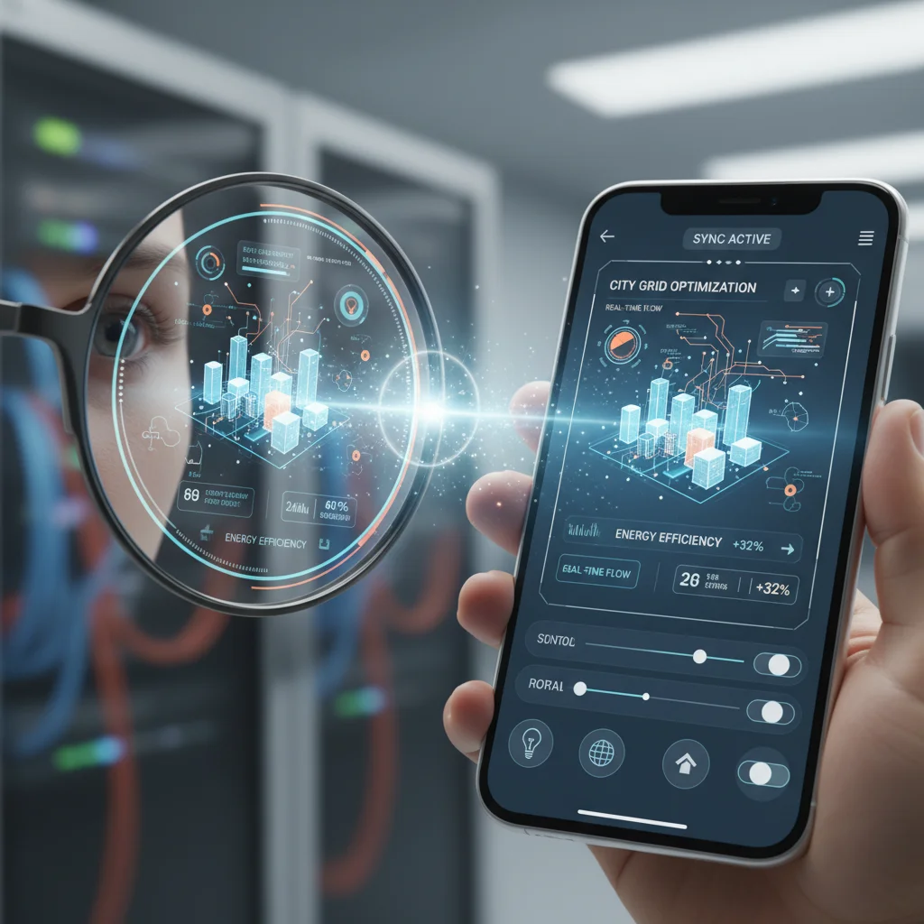 AR glasses lens showing data overlay synchronized with smartphone app