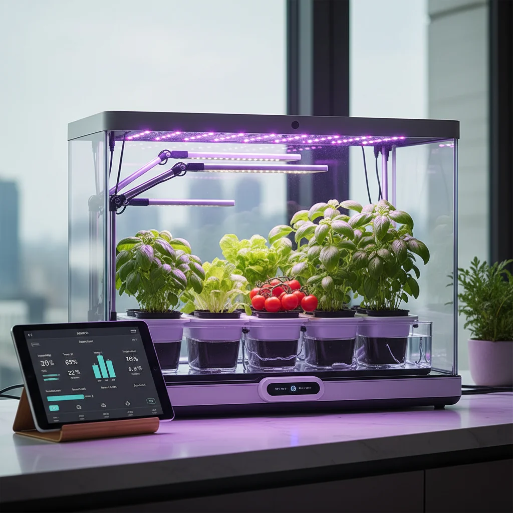 Indoor smart garden with automated watering and sensor technology for growing plants.