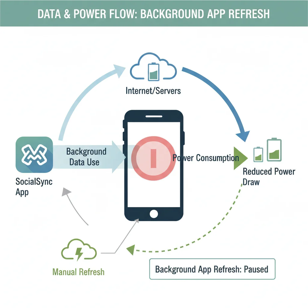 Infographic showing reduced background app data and power consumption.