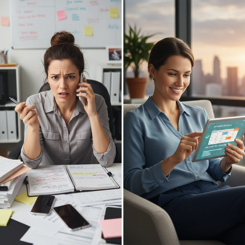 Small business owner using advanced scheduling software for improved work-life balance.