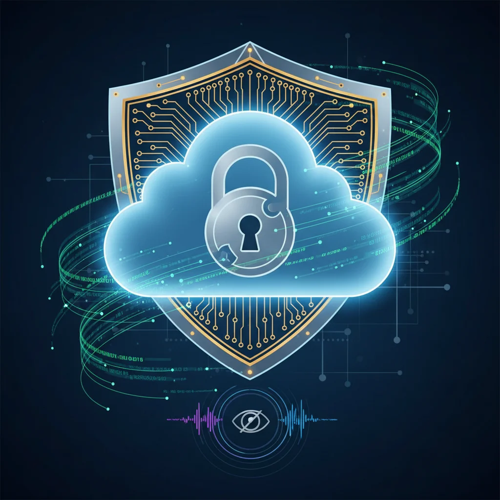 Cloud data security concept with a padlock, shield, and encryption code.