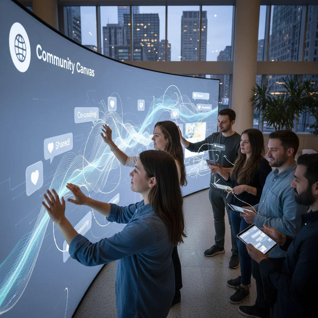 Diverse group engaging with a large digital display, highlighting collaborative social media features.