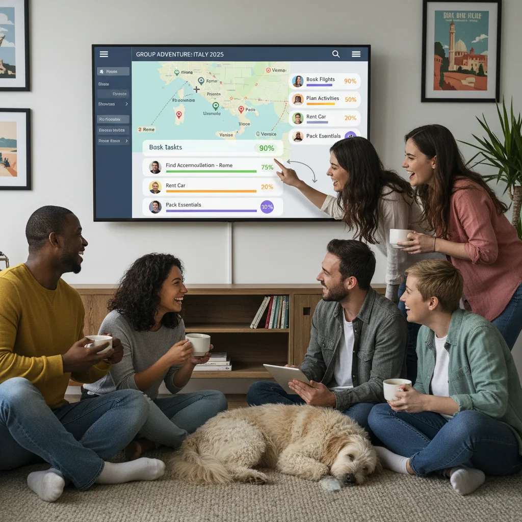 Group of friends collaborating on a shared travel planning app for their upcoming vacation.