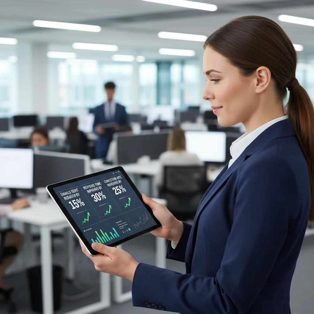 Analytics dashboard showing reduced email volume and improved communication metrics