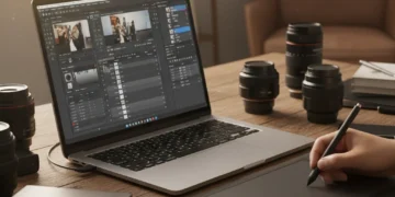 Creative photo editing workstation with laptop, graphics tablet, and camera gear