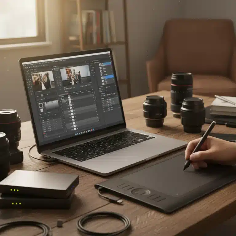 Creative photo editing workstation with laptop, graphics tablet, and camera gear