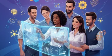 Professionals collaborating around a holographic display, symbolizing boosted innovation and creative potential