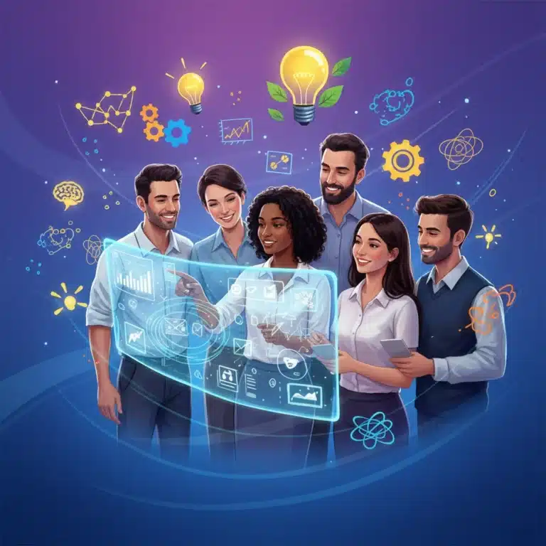 Professionals collaborating around a holographic display, symbolizing boosted innovation and creative potential
