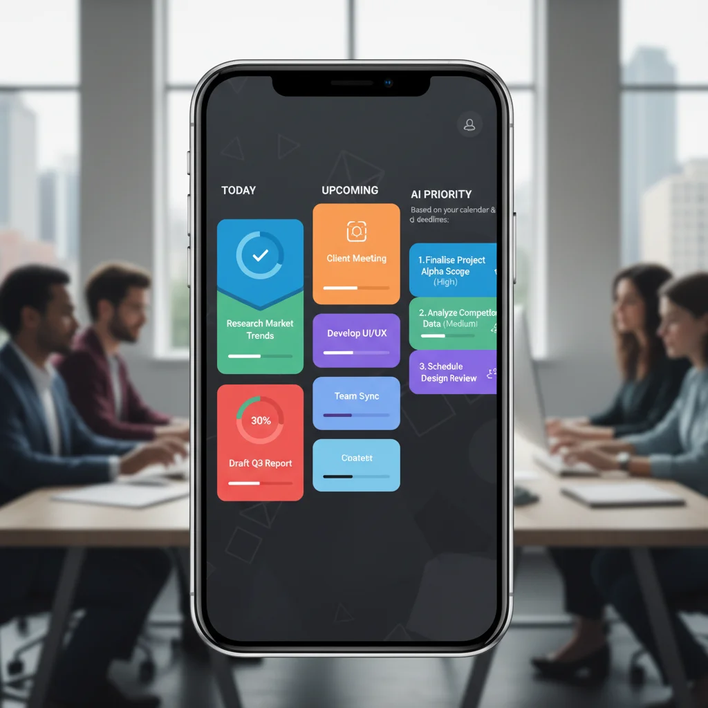 Customized task management interface on a smartphone with AI suggestions.