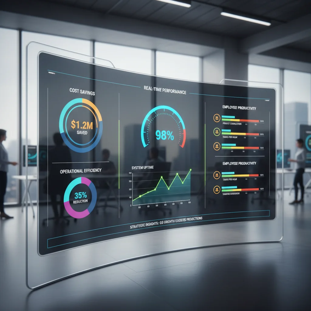 Data analytics dashboard showing key performance indicators, cost savings, and productivity metrics for business insights.