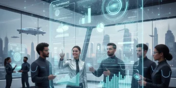 Diverse team analyzing productivity data on holographic screens in a modern office.