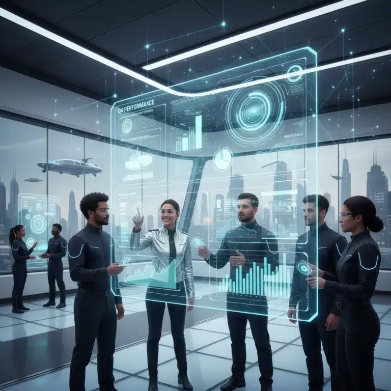 Diverse team analyzing productivity data on holographic screens in a modern office.