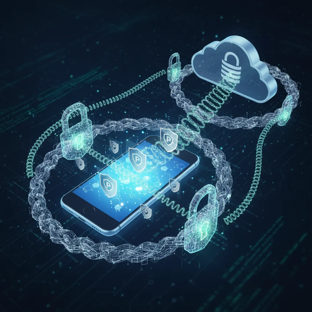 Encrypted data flowing between a smartphone and cloud, illustrating data privacy.