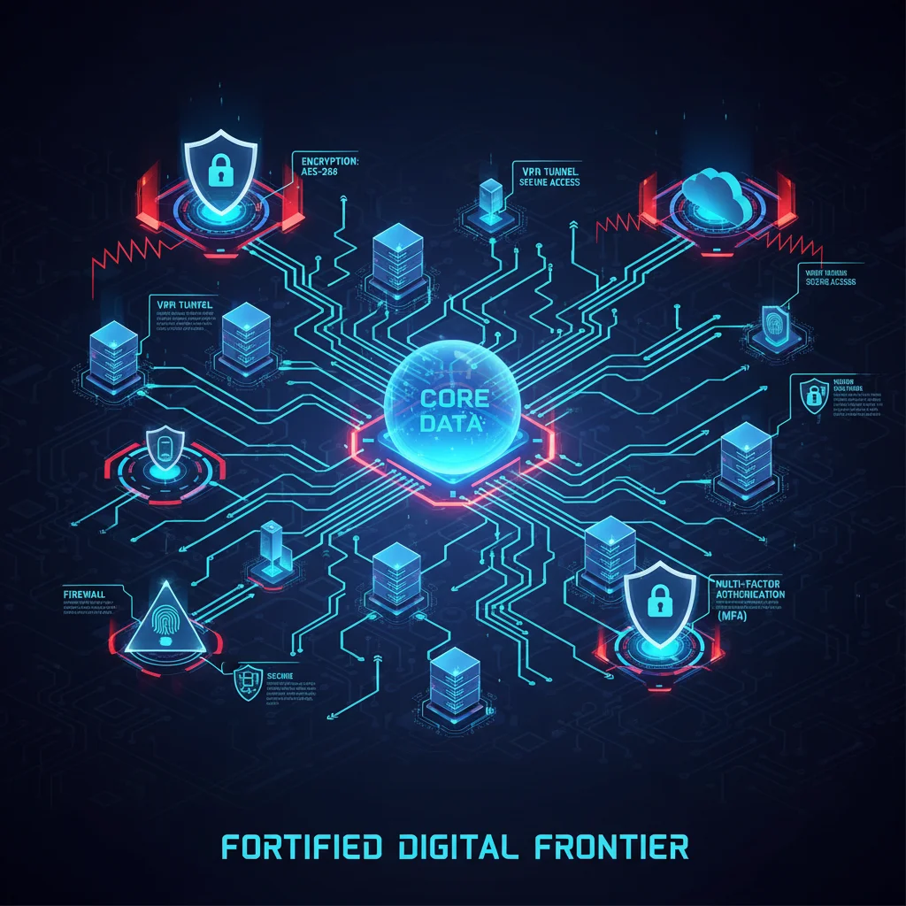 Infographic depicting data flow secured by encryption, VPNs, and multi-factor authentication for enhanced digital protection.