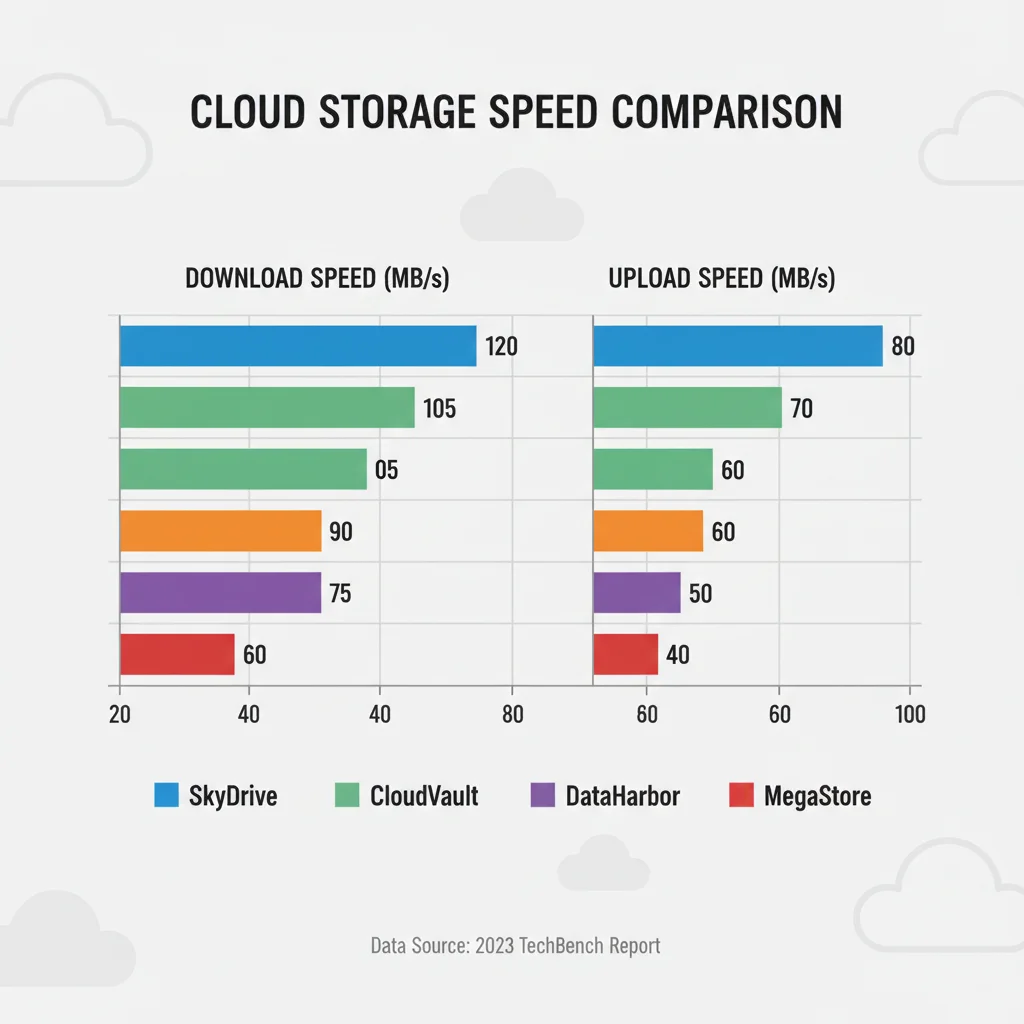 Infographic comparing data transfer speeds of five leading cloud storage providers.
