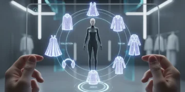 Digital avatar interacting with virtual clothing in a futuristic app interface, showcasing digital fashion innovation.
