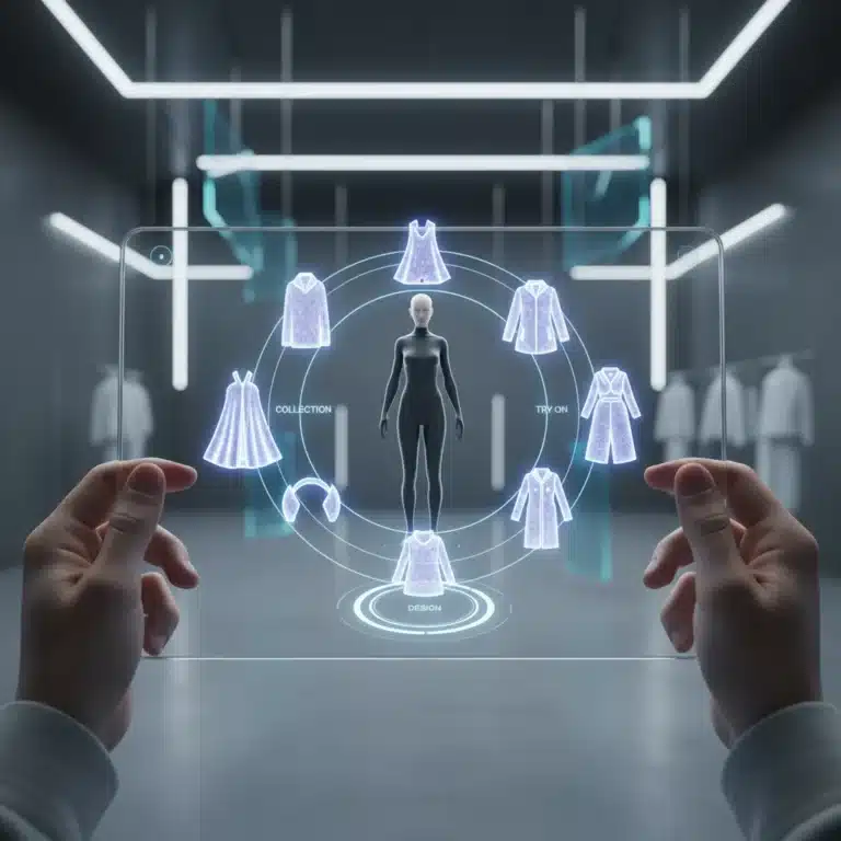 Digital avatar interacting with virtual clothing in a futuristic app interface, showcasing digital fashion innovation.