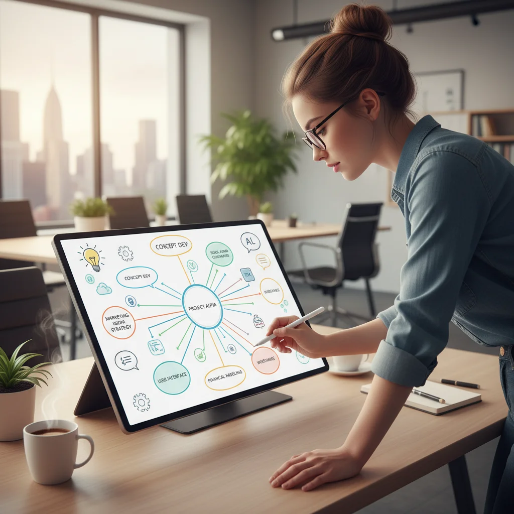 Person using a digital mind-mapping tool to organize creative ideas