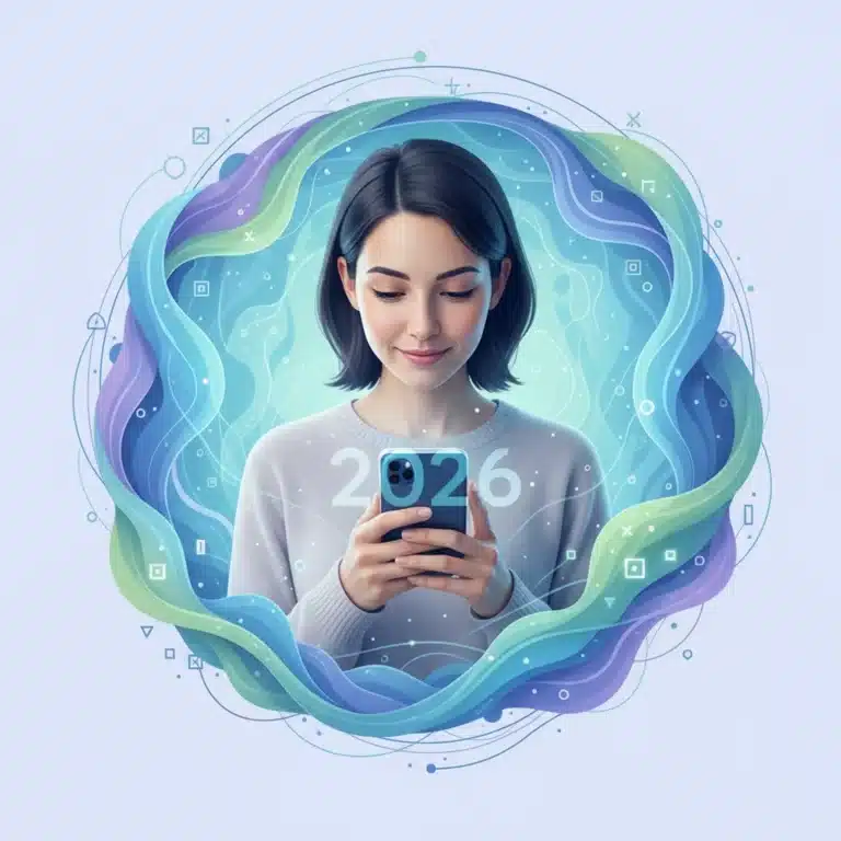 Person achieving digital balance with a smartphone, surrounded by serene digital elements, representing digital wellness in 2026.