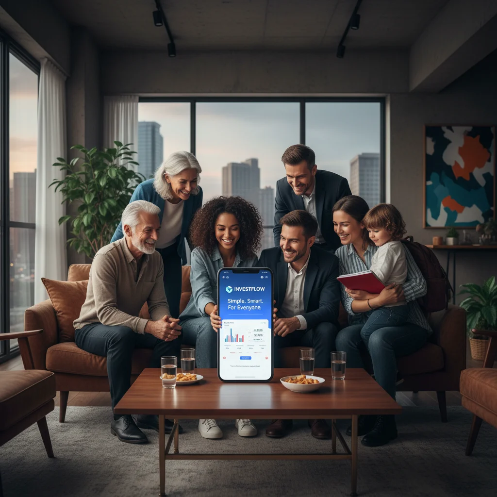 Diverse users engaging with an intuitive investment app on a smartphone