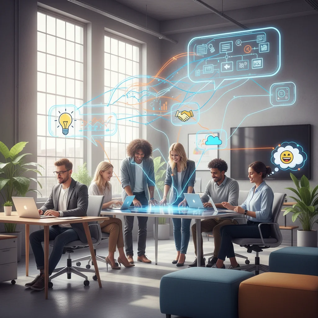 Diverse team collaborating effectively using digital communication and project management tools.