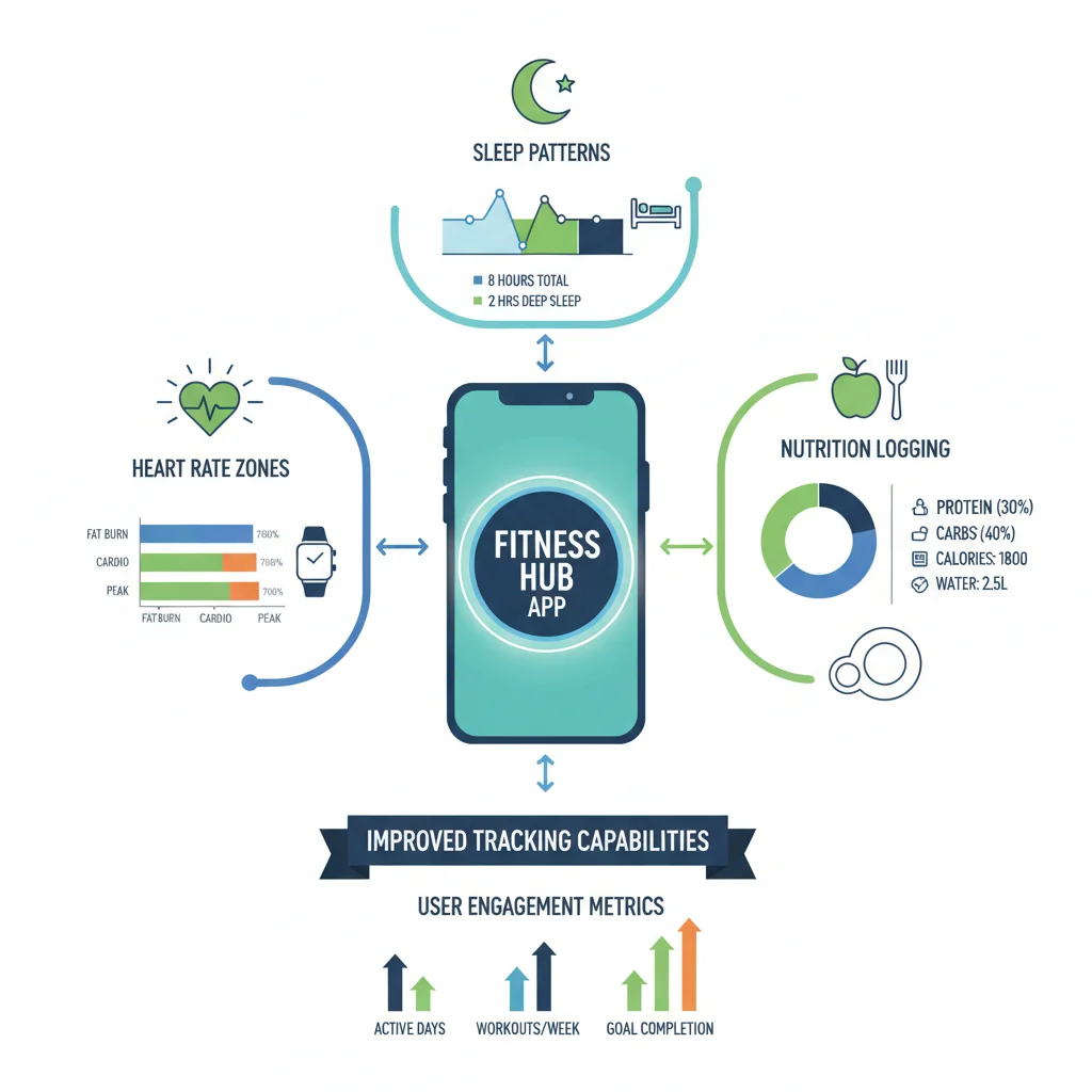 Infographic showing enhanced fitness tracking and data visualization in an app.
