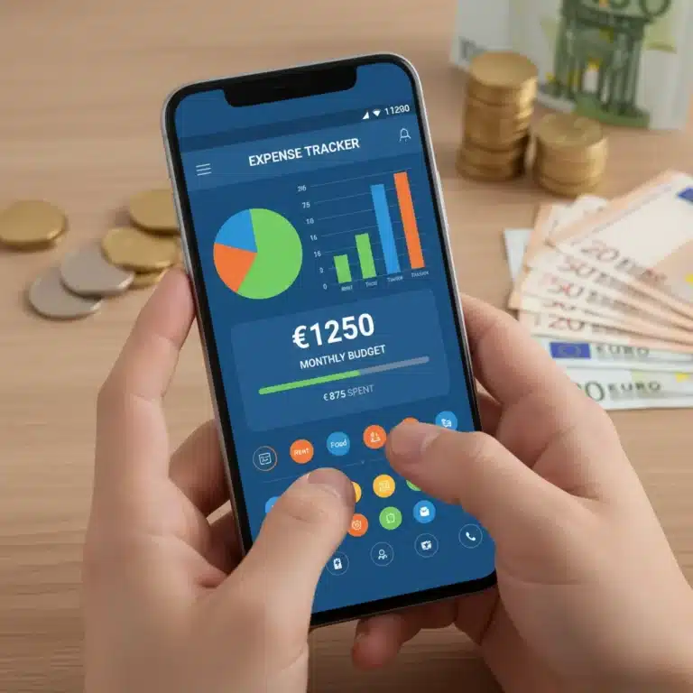 Modern expense tracker app interface on a smartphone with financial data visualization.