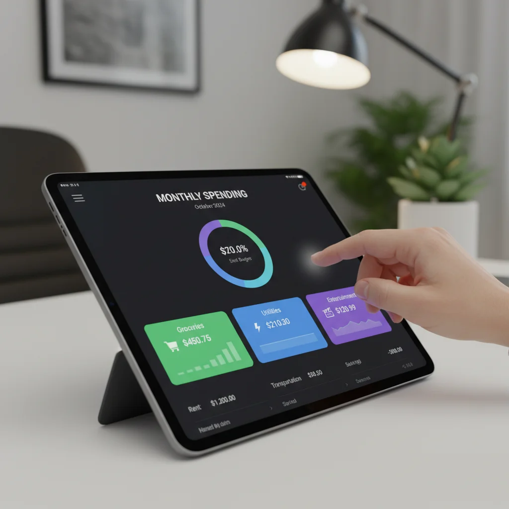 User tracking expenses on a tablet with a budgeting app interface