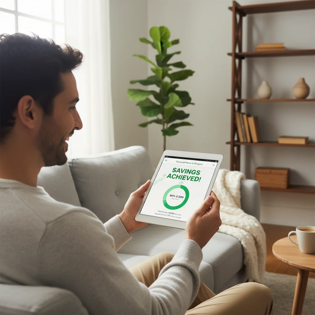 Person celebrating financial success and significant savings achieved with an expense tracker app.
