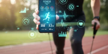 Person using a fitness app on a smartphone during a workout, with data overlays.