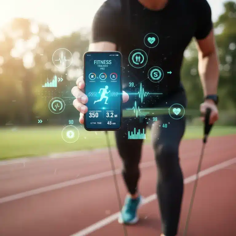 Person using a fitness app on a smartphone during a workout, with data overlays.